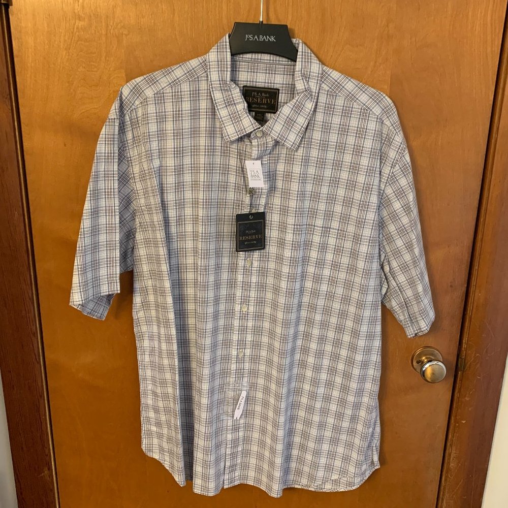NWT Jos A Bank Reserve XXL Cotton Grey and White Plaid Short Sleeve Shirt